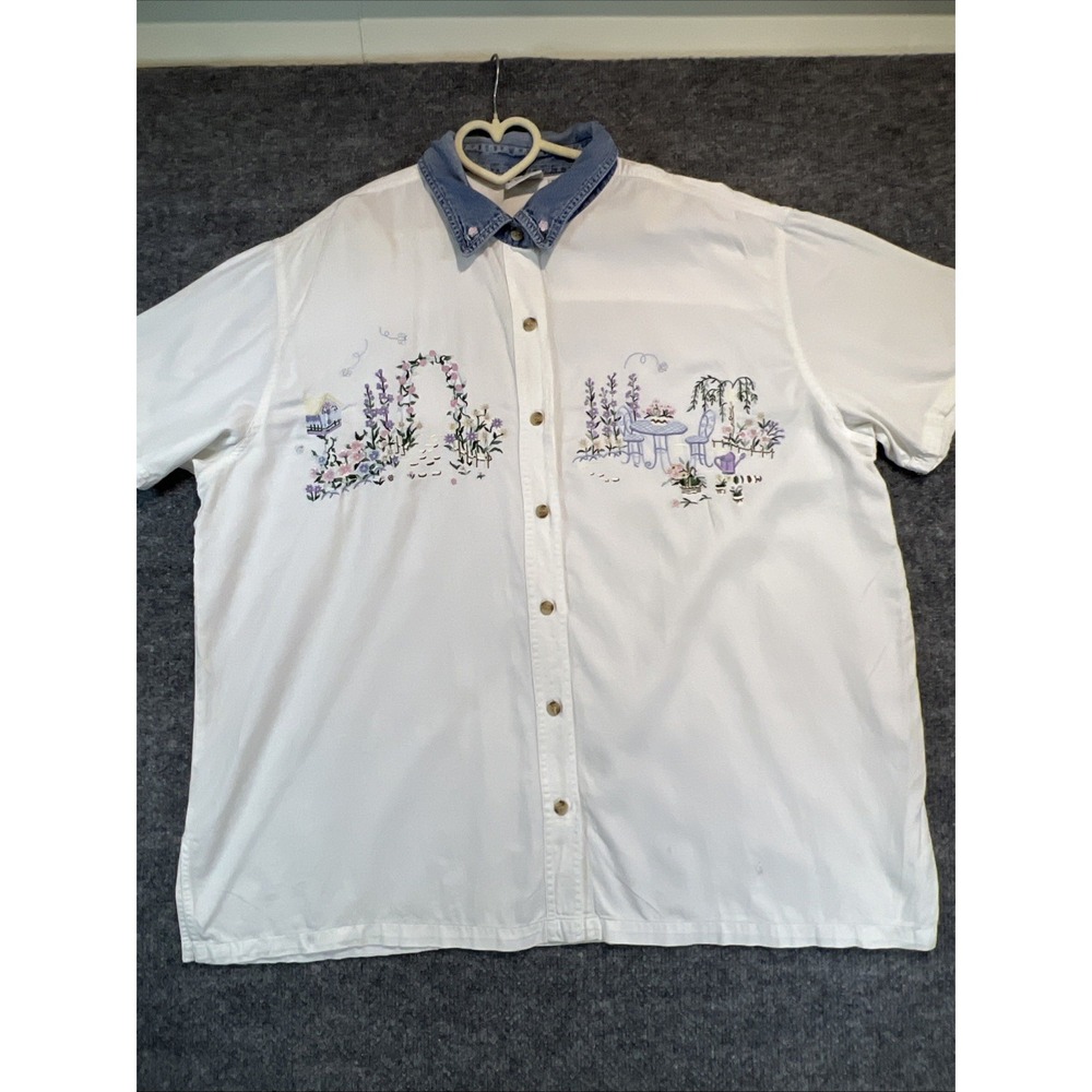 VTG Bobbie Brooks Cottagecore Embroidered Shirt Plus 18W 20W White Denim Collar
